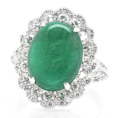 8.18 Carat Natural African Emerald Cabochon and Diamond Ring Set in Platinum
