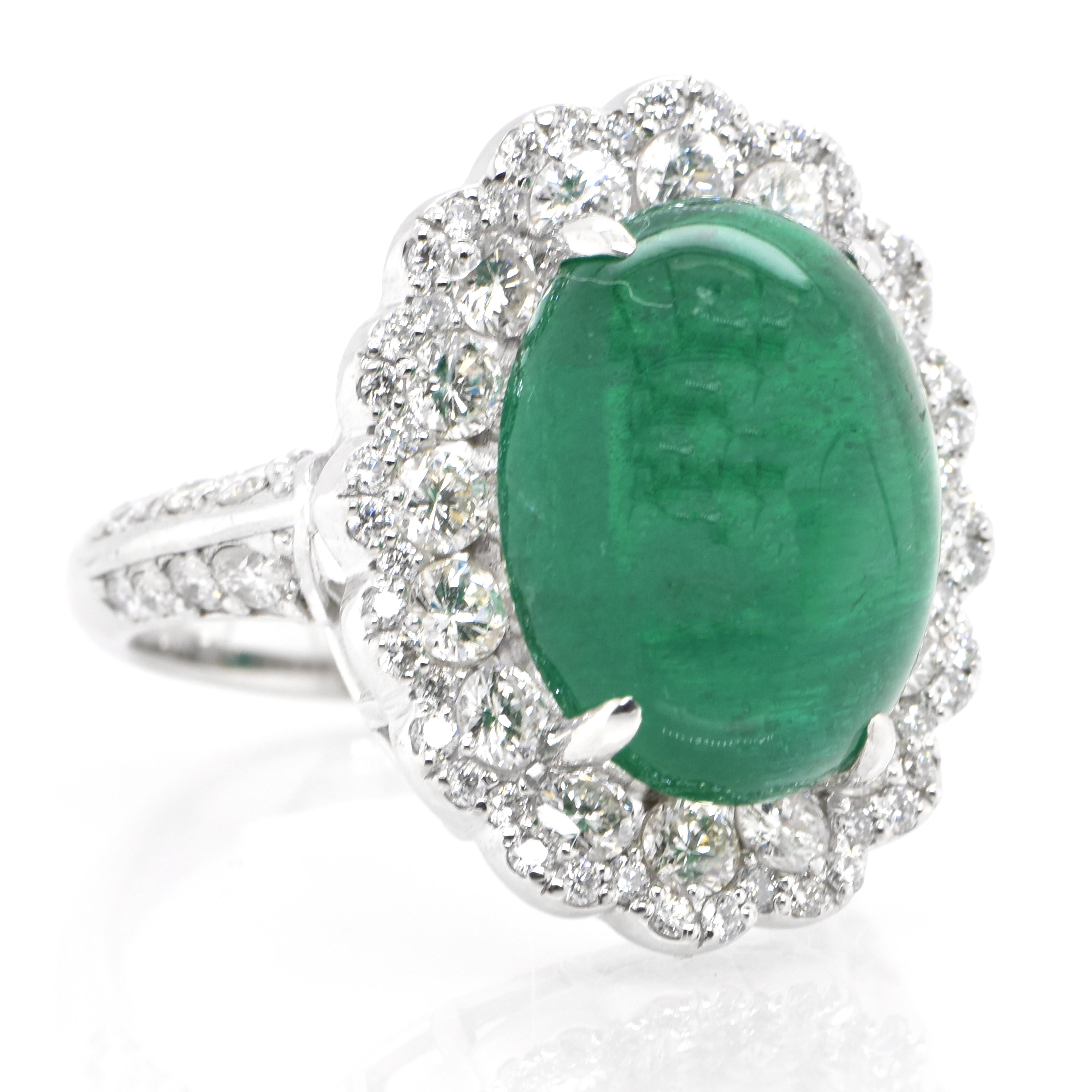 Modern 8.18 Carat Natural African Emerald Cabochon and Diamond Ring Set in Platinum For Sale