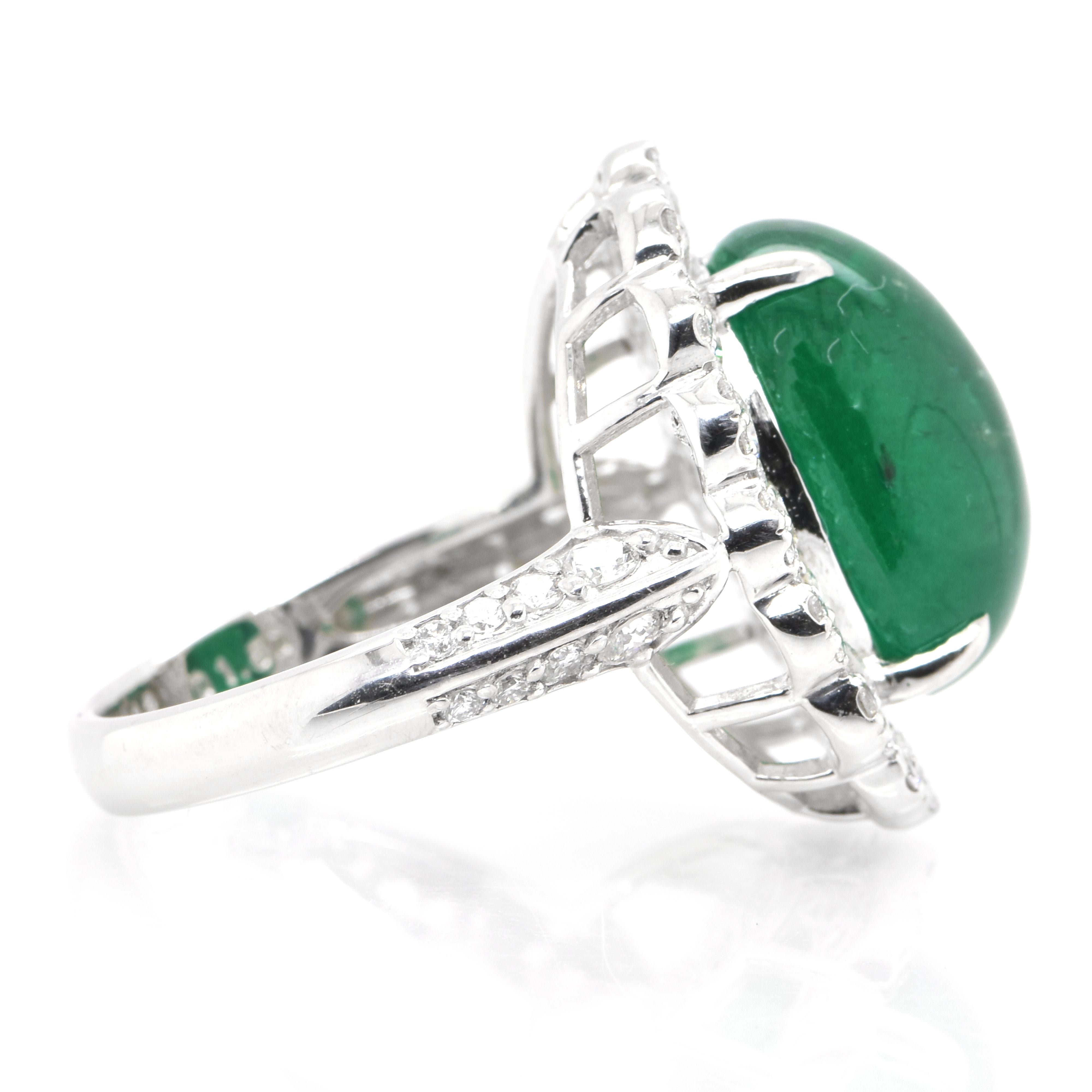 Women's 8.18 Carat Natural African Emerald Cabochon and Diamond Ring Set in Platinum For Sale