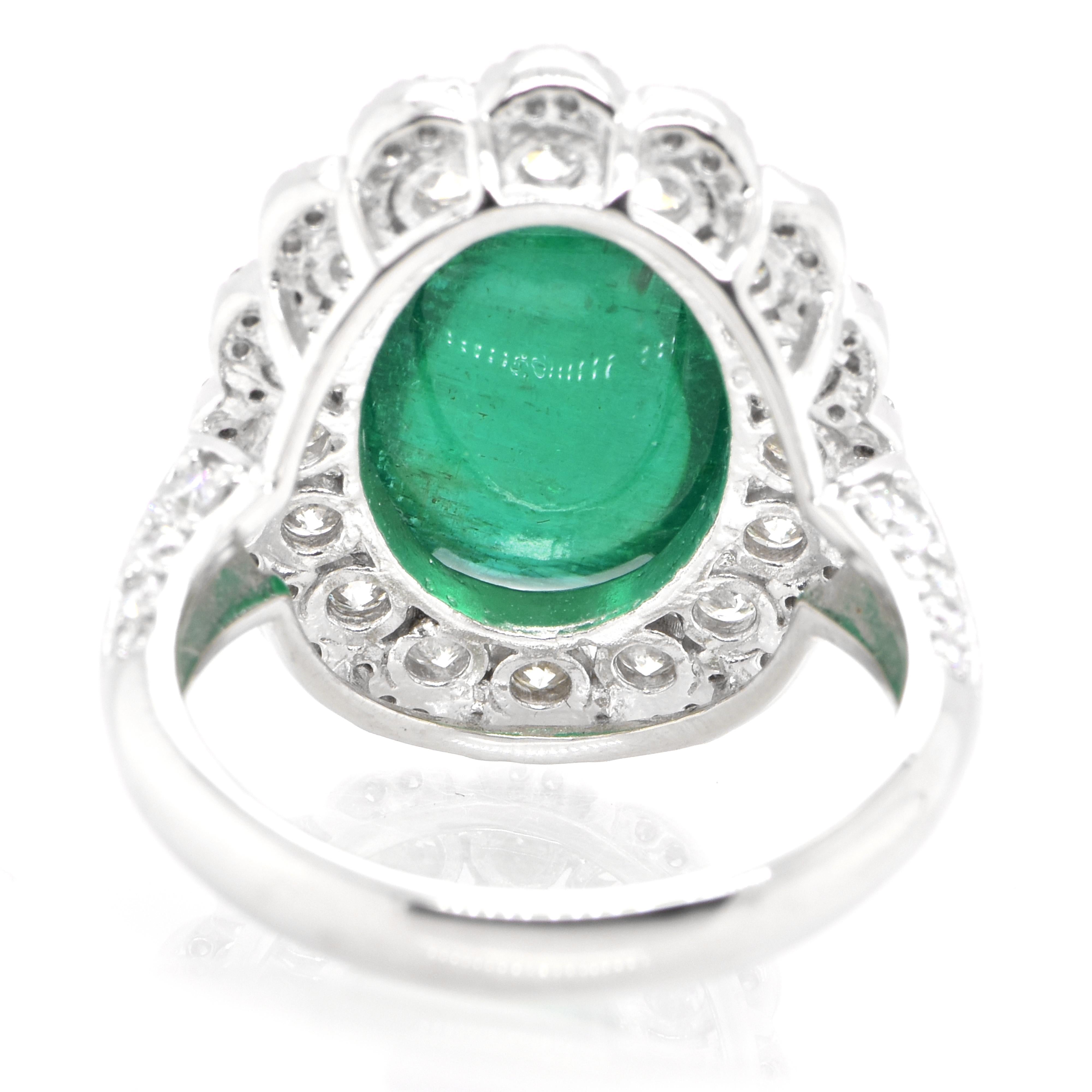 8.18 Carat Natural African Emerald Cabochon and Diamond Ring Set in Platinum For Sale 1