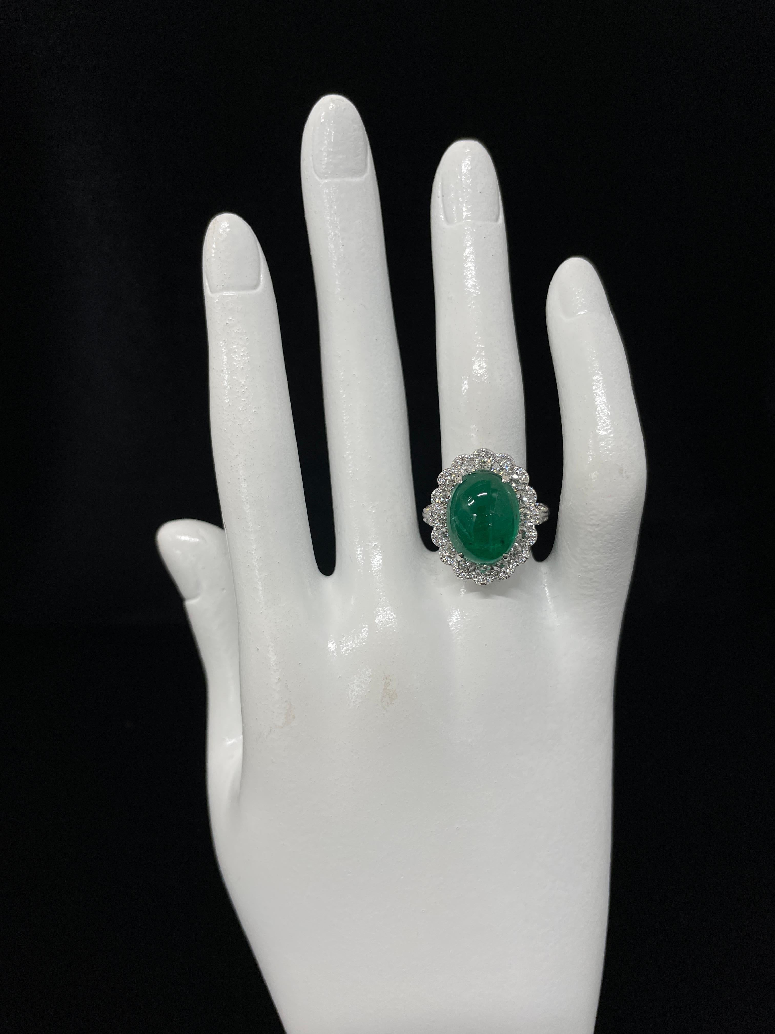 8.18 Carat Natural African Emerald Cabochon and Diamond Ring Set in Platinum For Sale 2