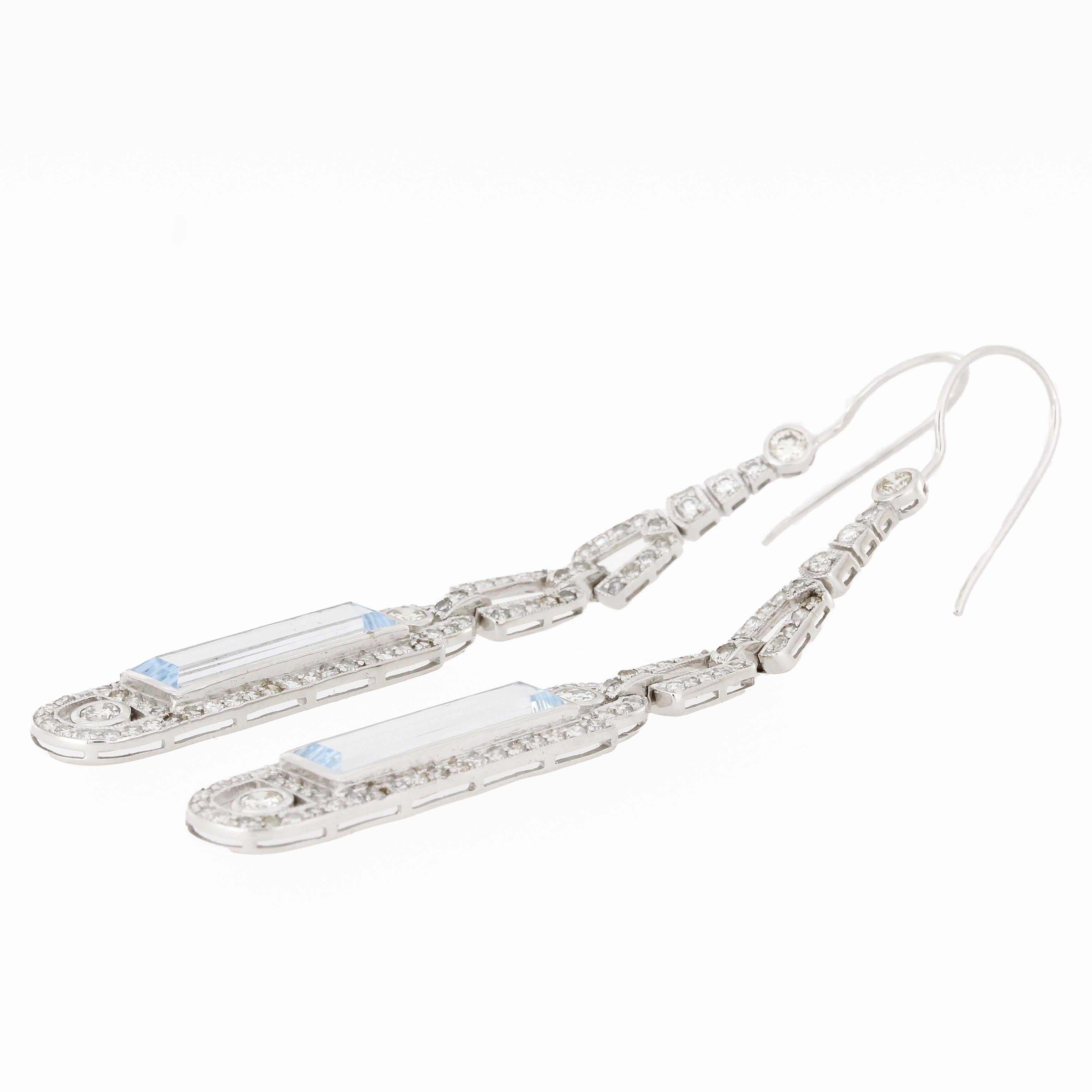 Contemporary 8.18 Carat Sky Blue Topaz Diamond Drop White Gold Earrings For Sale