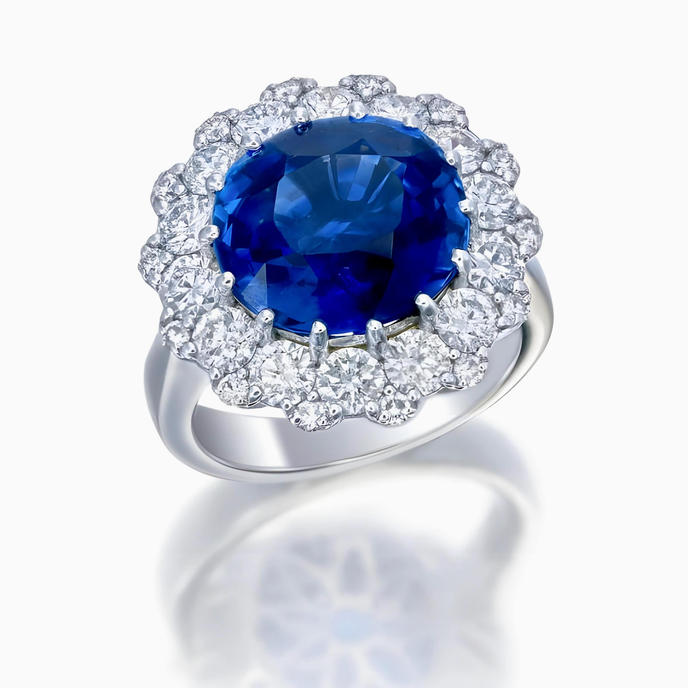 Round Cut 8.18 Carat Sri Lanka Heated Blue Sapphire Ring made in 18 Karat White Gold For Sale