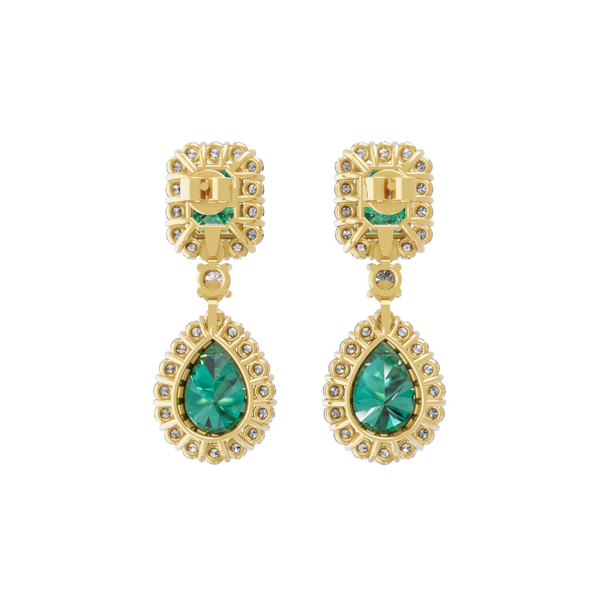 8,18 Tcw sambischen Smaragd natürlichen Diamanten baumeln Ohrringe 14K Gelbgold im Zustand „Neu“ im Angebot in Diera, Dubai