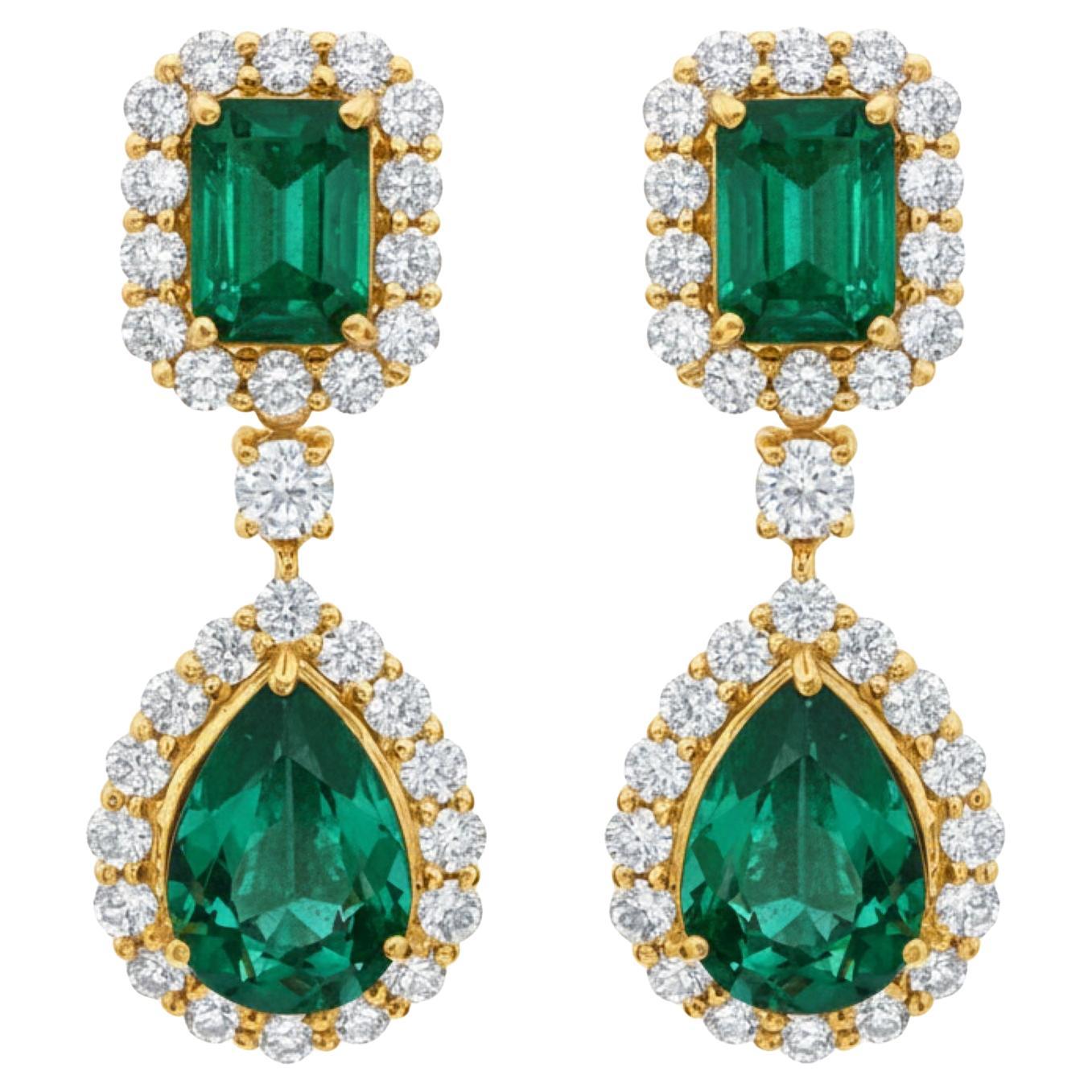 8.18Tcw Zambian Emerald Natural Diamond Dangle Earrings 14K Yellow Gold