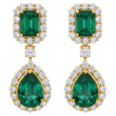 8.18Tcw Zambian Emerald Natural Diamond Dangle Earrings 14K Yellow Gold