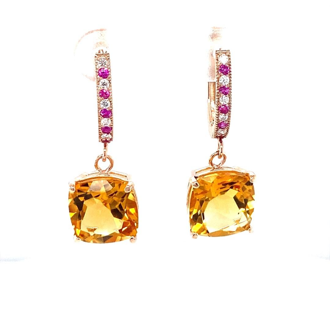 8.19 Carat Citrine Pink Sapphire Diamond Rose Gold Drop Earrings

These lovely Earrings have 2 vibrant Cushion Cut Citrine Quartz that weigh 7.94 carats.  The huggies have alternating 10 Round Cut Pink Sapphires that weigh 0.14 carats and 10 Round