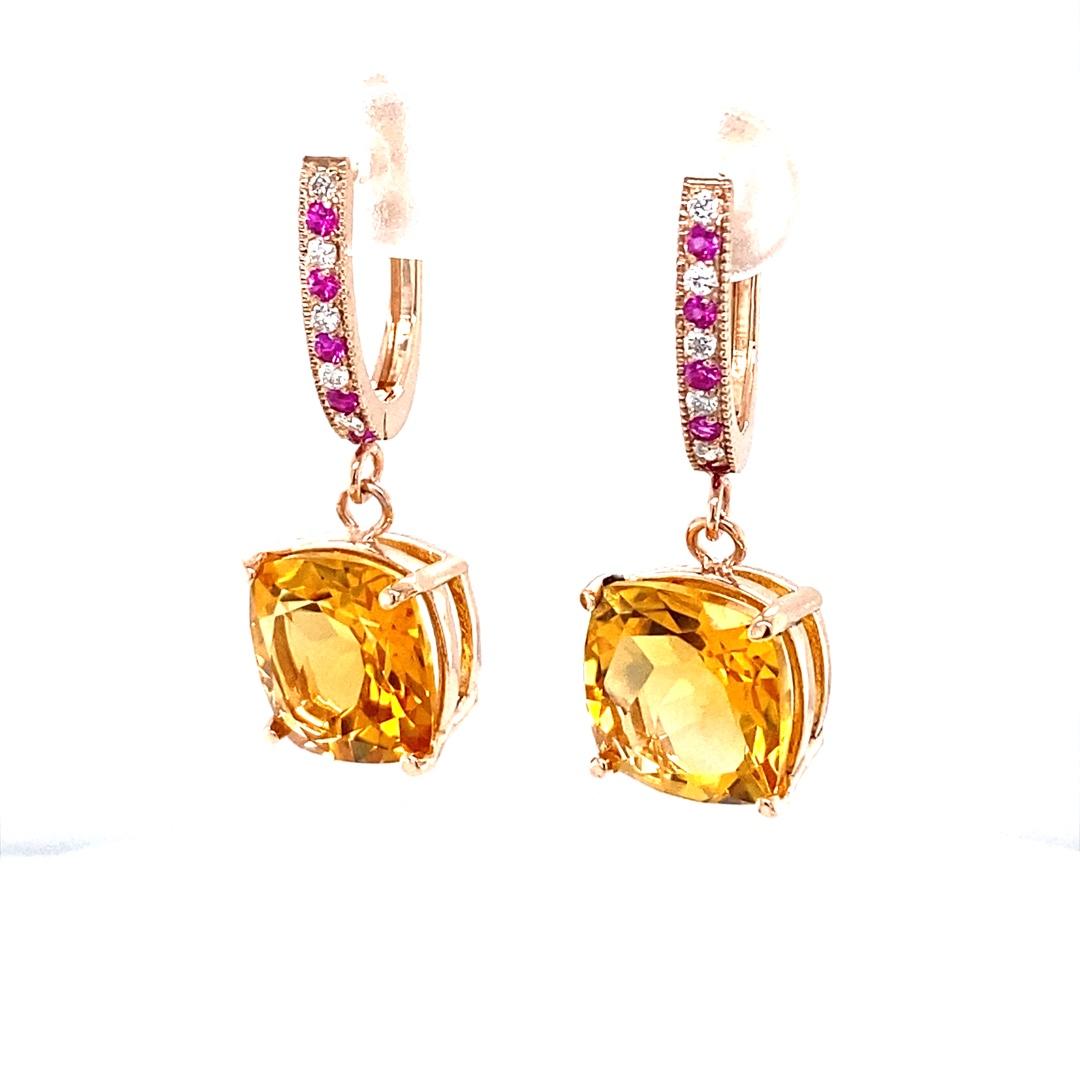 Contemporary 8.19 Carat Citrine Pink Sapphire Diamond Rose Gold Drop Earrings For Sale