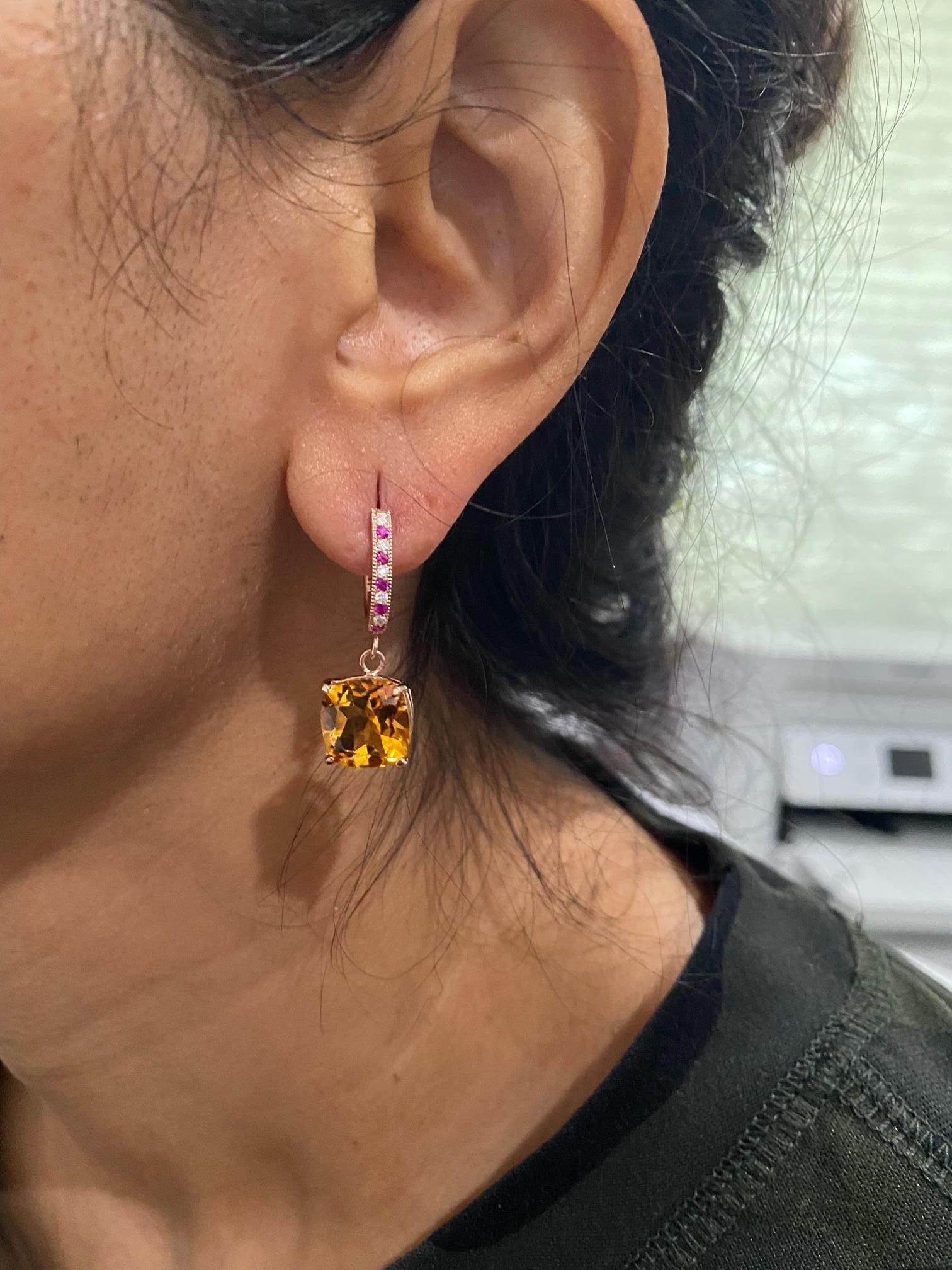 8.19 Carat Citrine Pink Sapphire Diamond Rose Gold Drop Earrings In New Condition For Sale In Los Angeles, CA