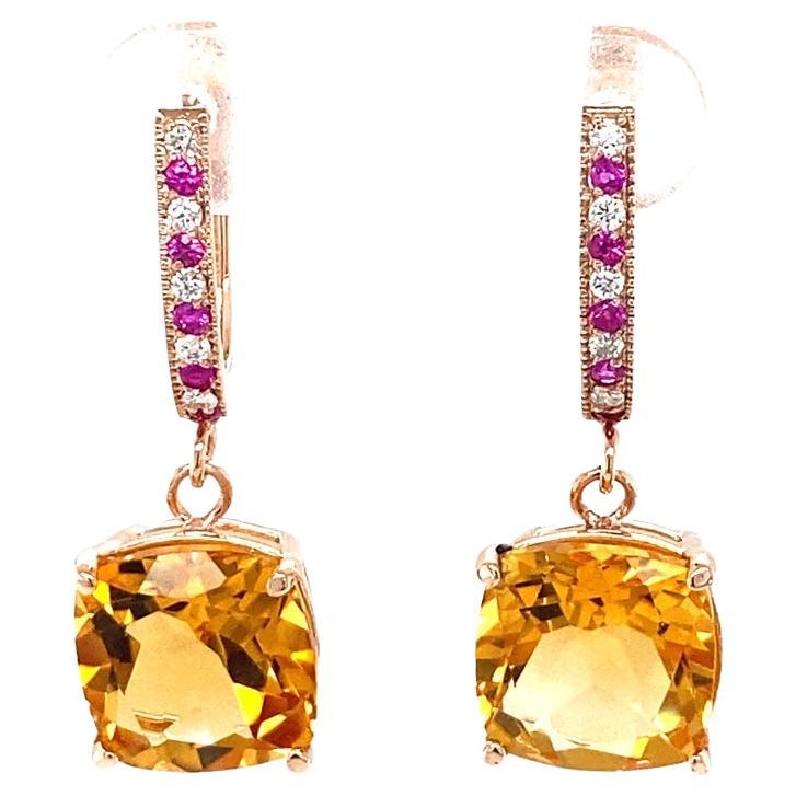 Boucles d'oreilles en goutte en or rose avec saphirs roses, citrine de 8,19 carats et diamants