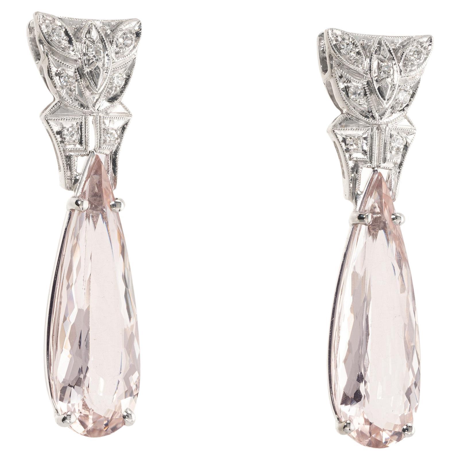 8.19 Carat Pear Morganite Diamond Platinum Dangle Earrings