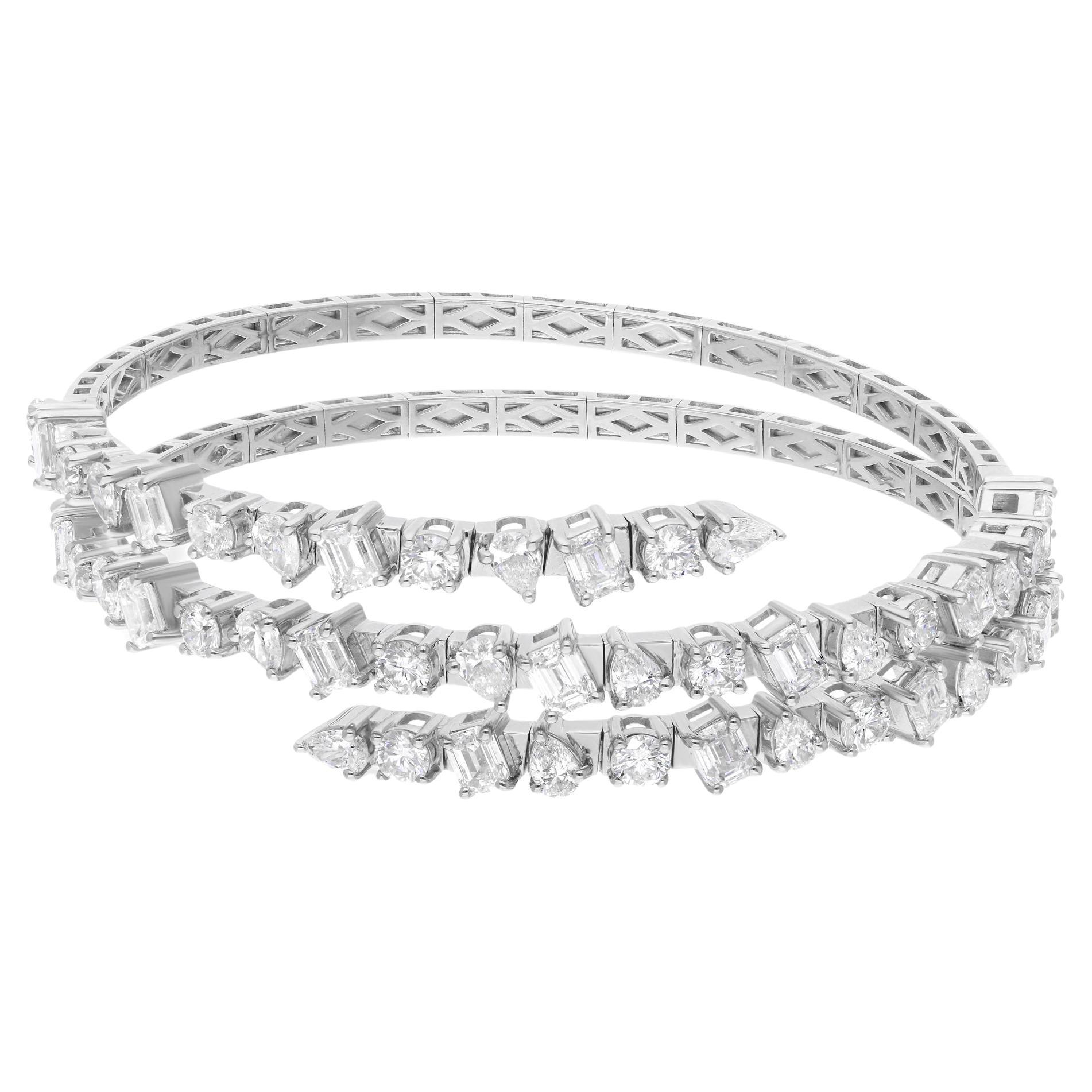8.19 Carat SI/H Multi Shape Diamond Spiral Bangle 18 Karat White Gold Bracelet