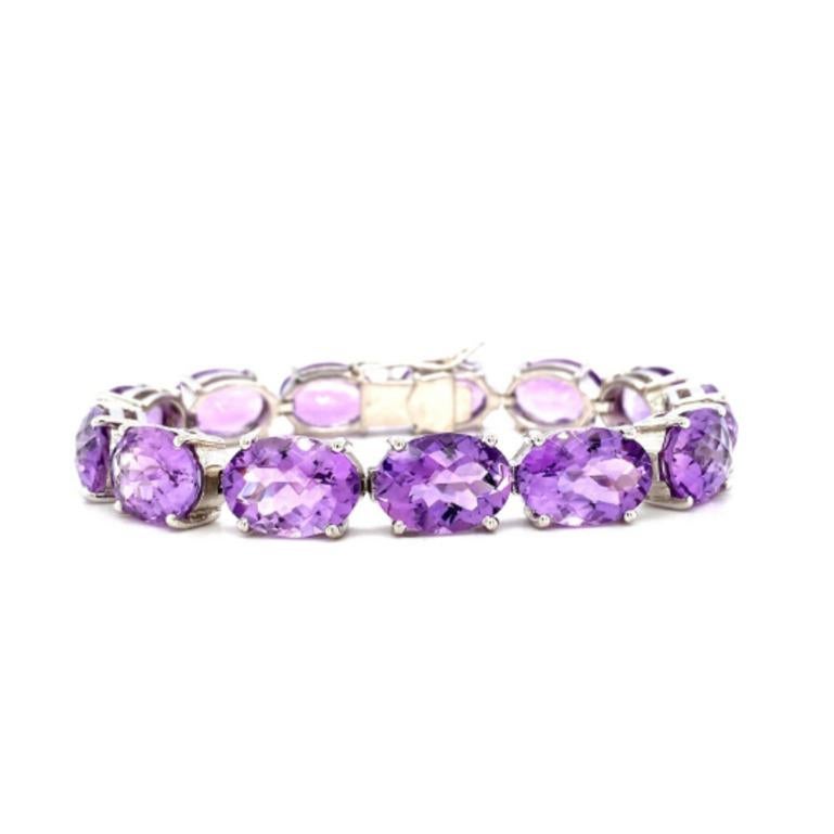 Art Deco 81.9 Carats Amethyst Gemstone Tennis Bracelet Crafted in Sterling Silver For Sale