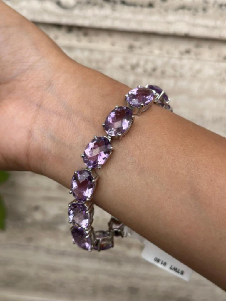Women's 81.9 Carats Amethyst Gemstone Tennis Bracelet for Mom Gift Crafted in 925 Silver For Sale