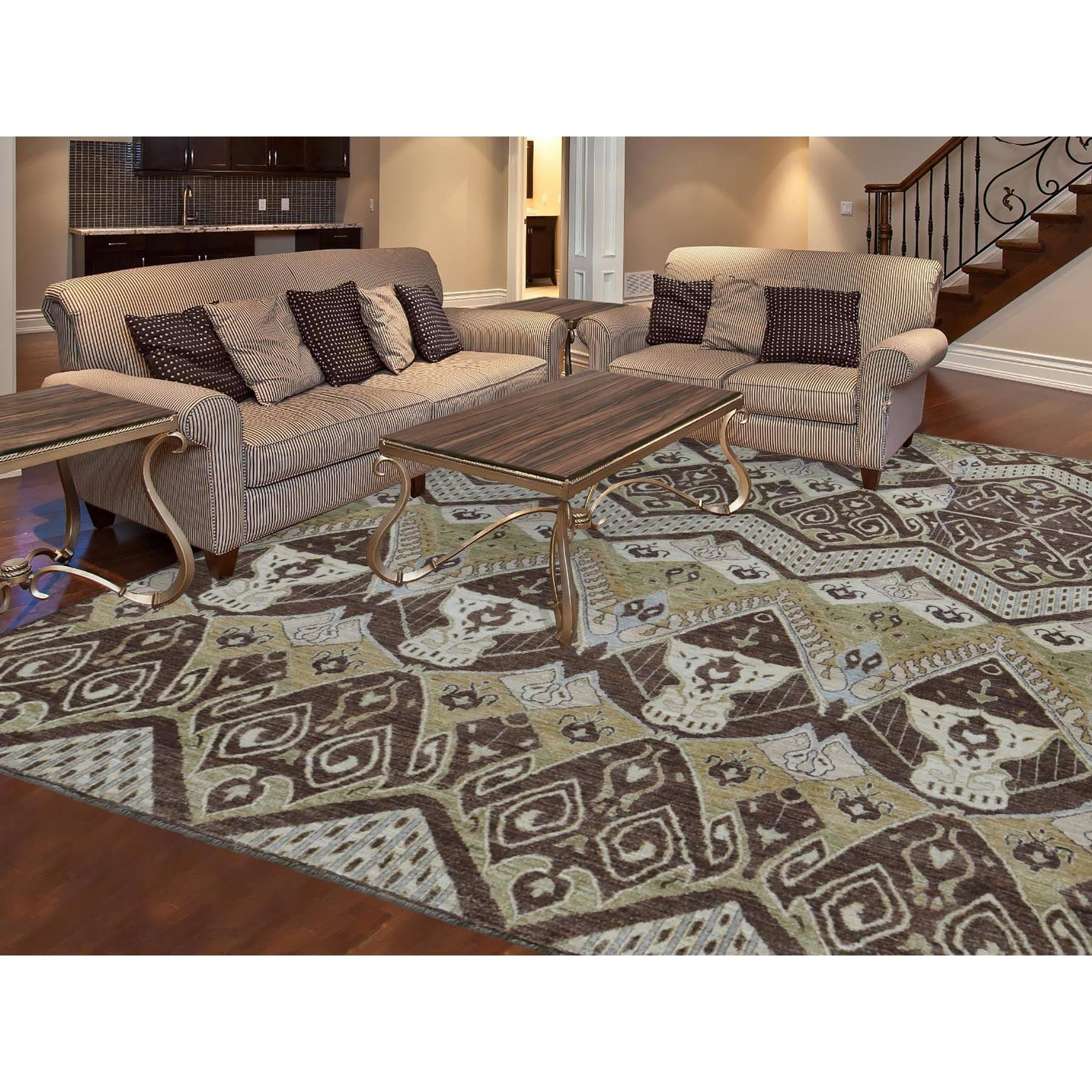Bistre Brown, Ikat Tribal and Geometric Design, Pure Wool, Hand Knotted, Oriental Rug
Primary materials: Wool
Latex: No Pile 
height: 0.25 Inches
Style: Traditional
Primary color: Brown
Secondary colors: Ivory, Light Blue, Green
Pattern: Oriental