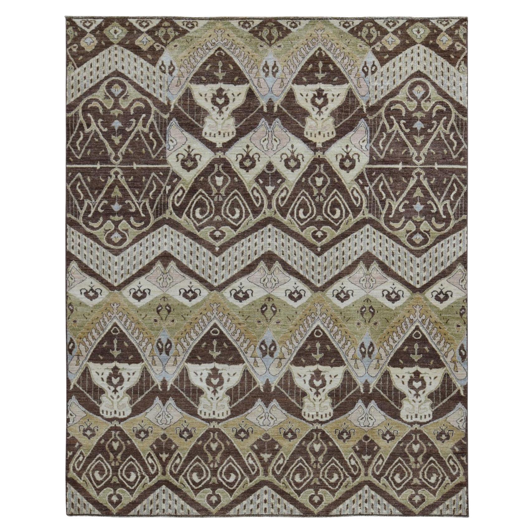 8'1"x10' Bistre Brown Ikat Tribal and Geometric Design Wool Hand Knotted Rug For Sale