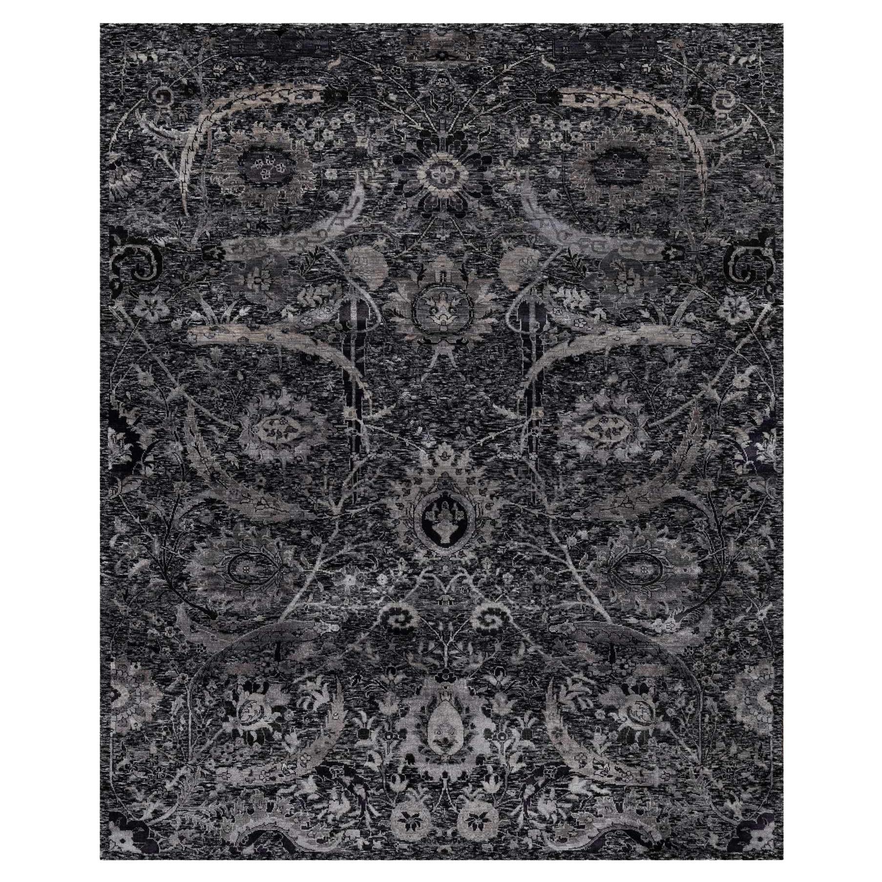 8'1"x10' Black Lush and Plush Hand Knotted Sickle Leaf Design Wool and Silk Rug