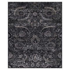 8'1"x10' Black Lush and Plush Hand Knotted Sickle Leaf Design Wool and Silk Rug