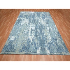 8'1"x10' Blue Abstract Design Hi-Low Pile Wool & Silk Hand Knotted Oriental Rug