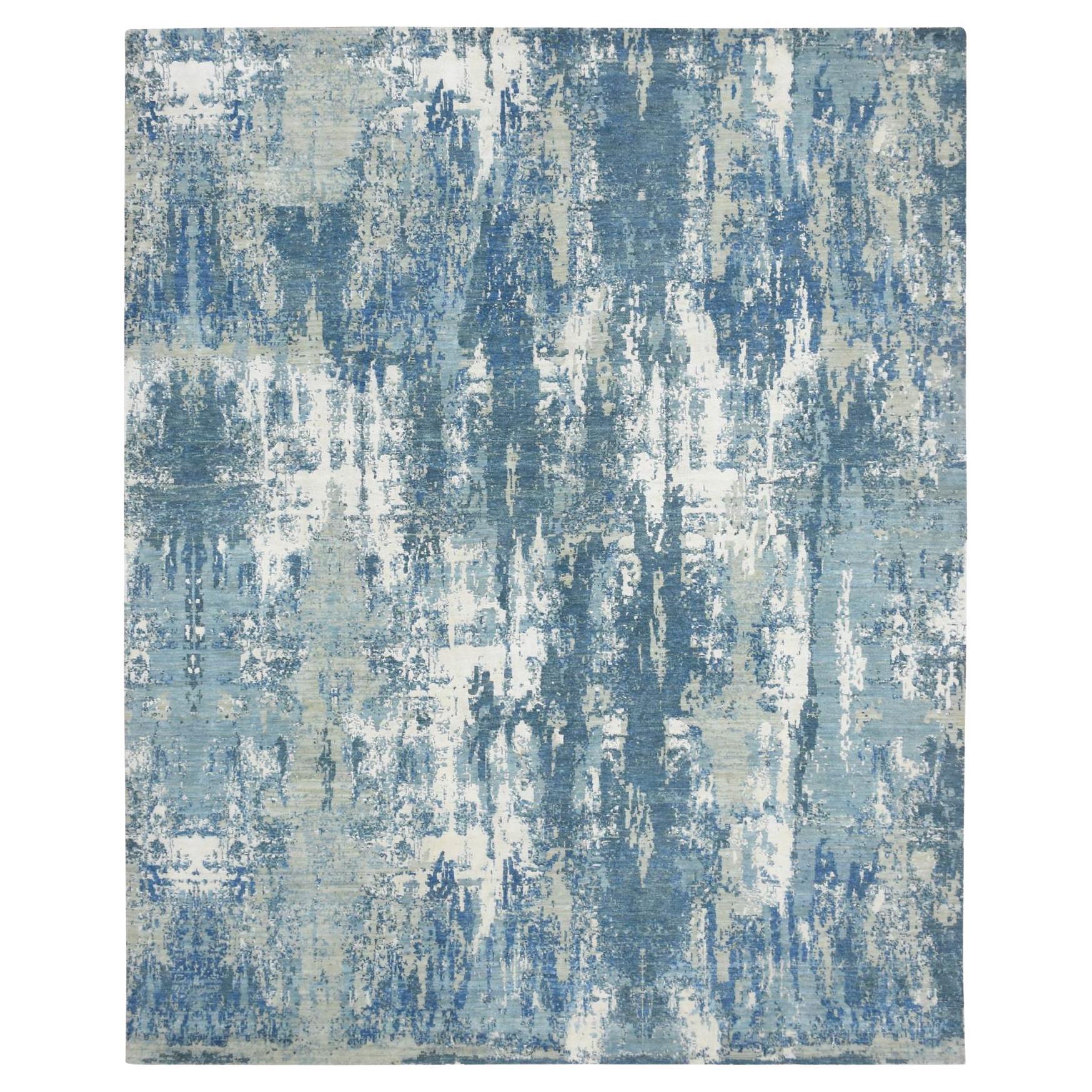 8'1"x10' Blue Abstract Design Hi-Low Pile Wool & Silk Hand Knotted Oriental Rug