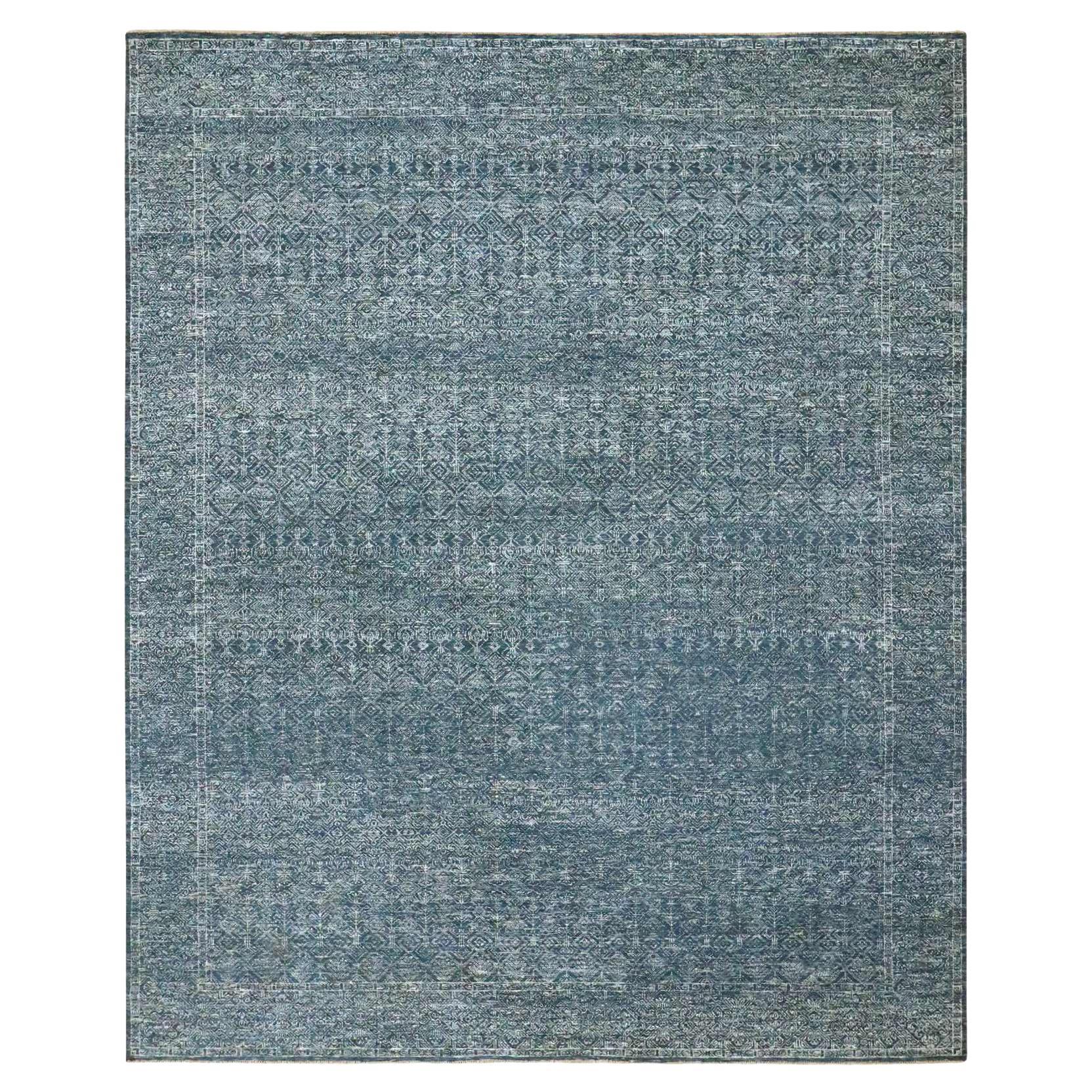 8'1 "x10' Blue Intricate Geometric Tree Design Hand Knotsted Wool and Silk Rug (tapis de laine et de soie à motifs géométriques complexes)