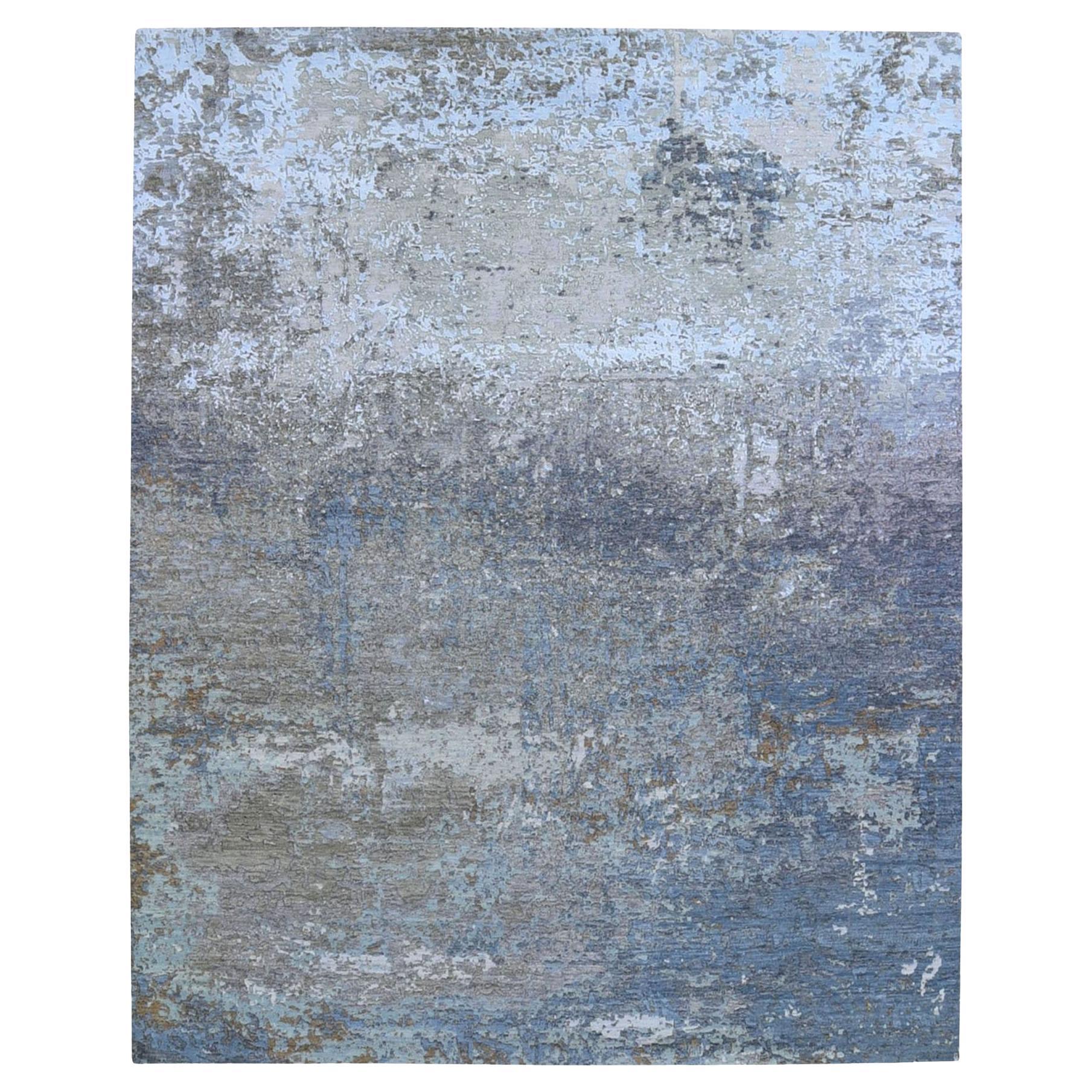 8'1"x10' Blue Wool Persian Knot with Abstract Design Denser Hand Knotted Rug For Sale