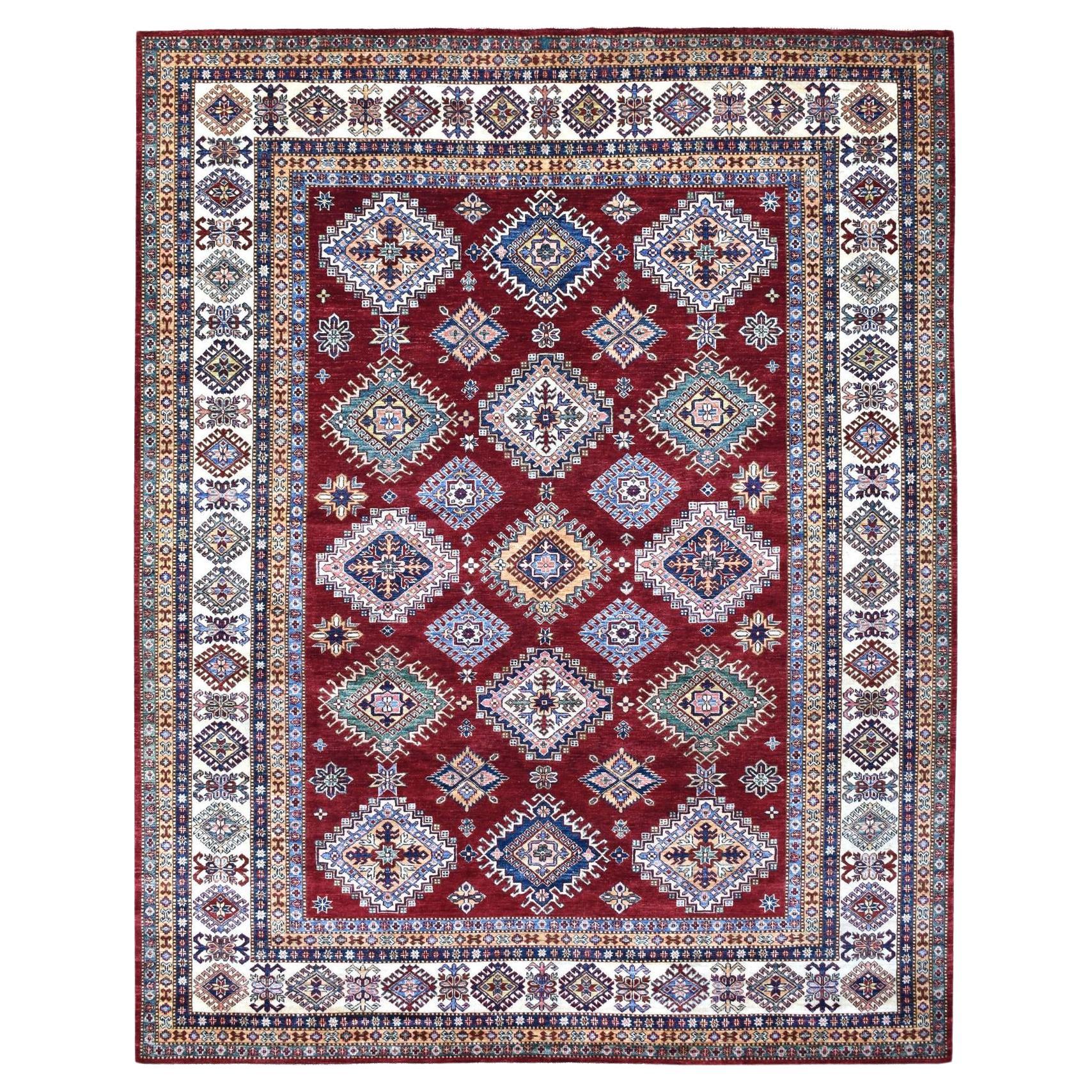 8'1"x10' Deep Red Soft Afghan Wool Hand Knotted Super Kazak Oriental Rug