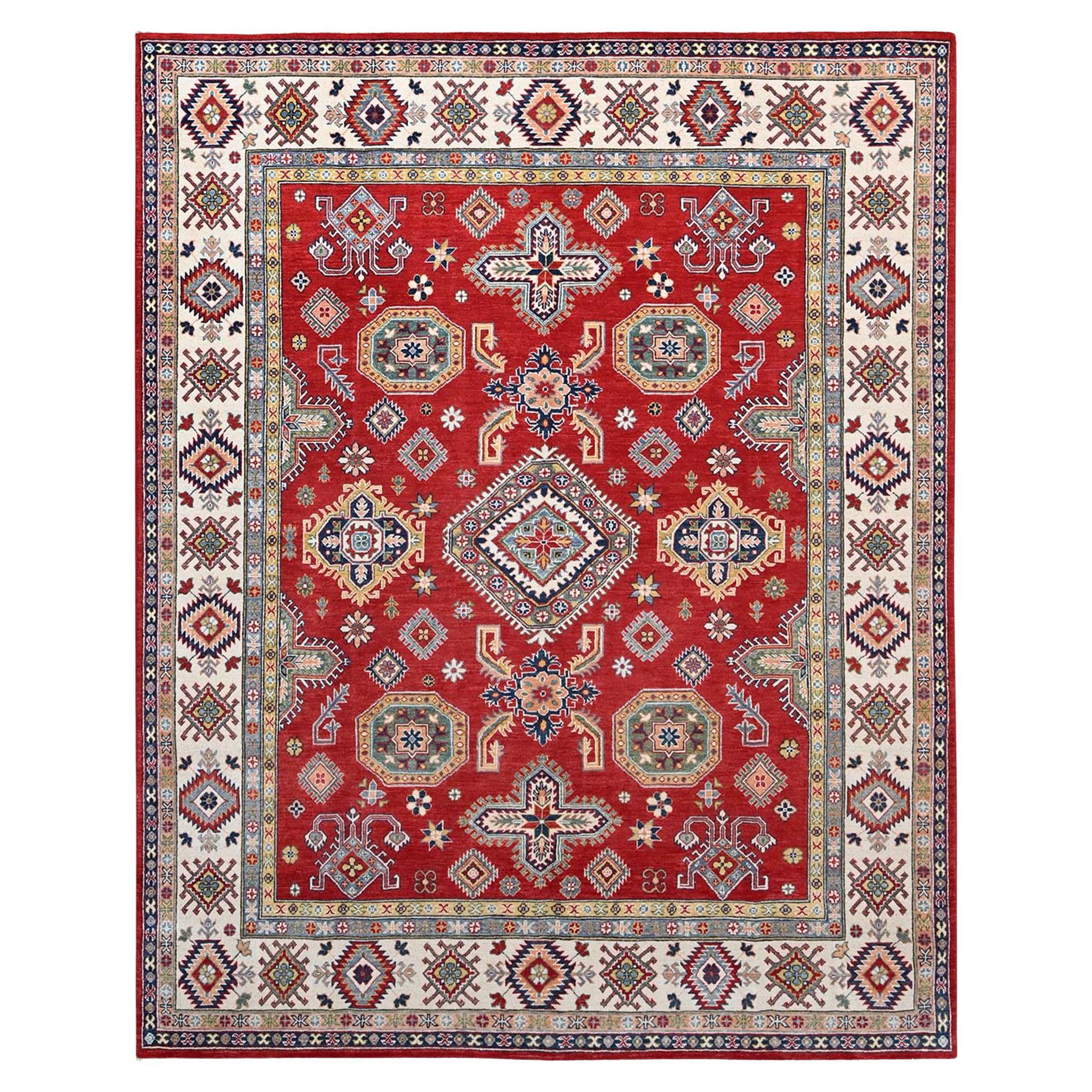 8'1"x10' Geranium Red Hand Knotted Pure Wool Kazak Medallions Oriental Rug