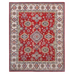 8'1 "x10' Alfombra Oriental de Medallones Kazak de Lana Pura Anudada a Mano Rojo Geranio