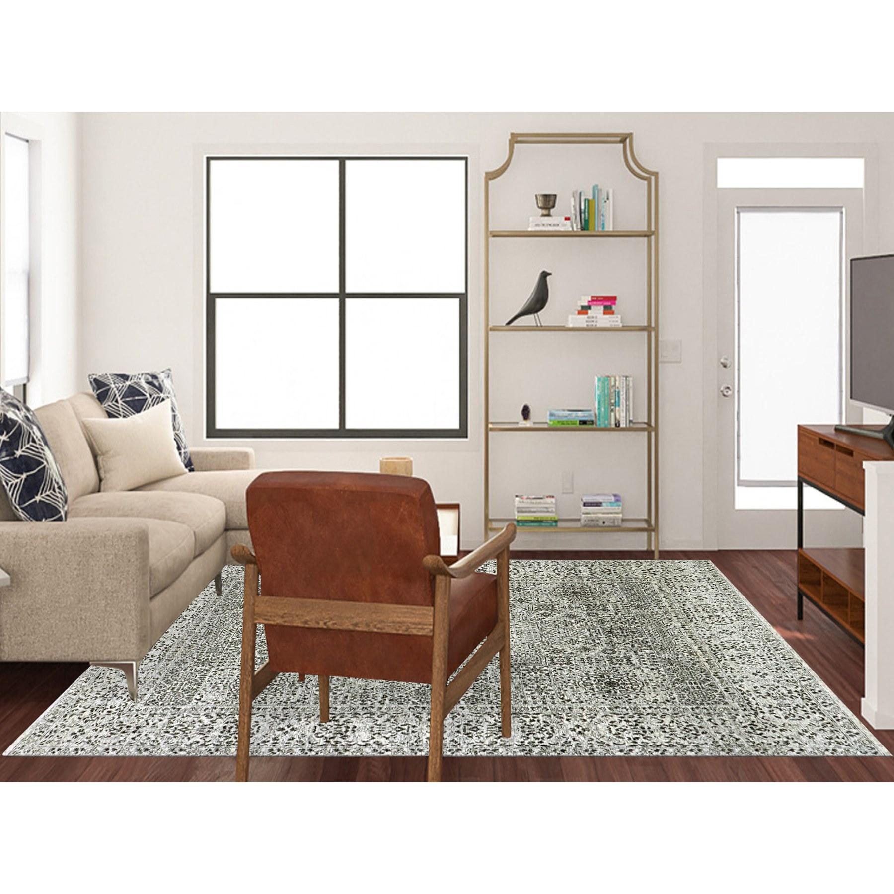 Ghost White, Mamluk Dynasty, Tone on Tone Design, Undyed 100% Wool, Hand Knotted, Oriental Rug
Primary materials: Wool
Latex: No Pile 
height: 0.25 Inches
Style: Transitional
Primary color: Ivory
Secondary colors: Black, Gray
Pattern: Oriental