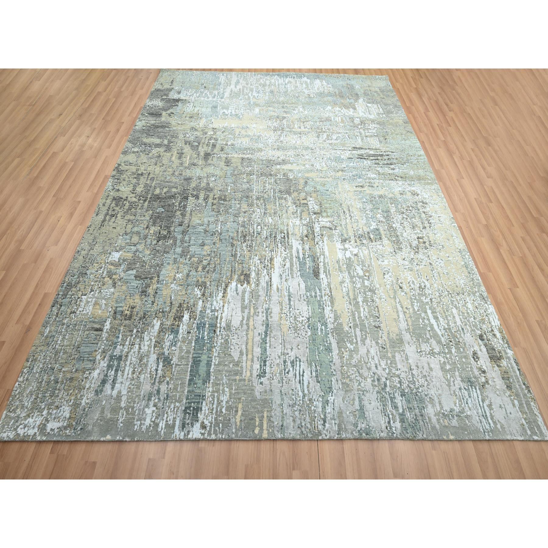 Shades of Gray, Hand Knotted, Abstract with Galaxy Design, Persian Knot, 100% Wool, Densely Woven, Oriental Rug
Primary materials: Wool
Latex: No Pile 
height: 0.25 Inches
Style: Contemporary
Primary color: Grey
Secondary colors: Ivory, Brown,