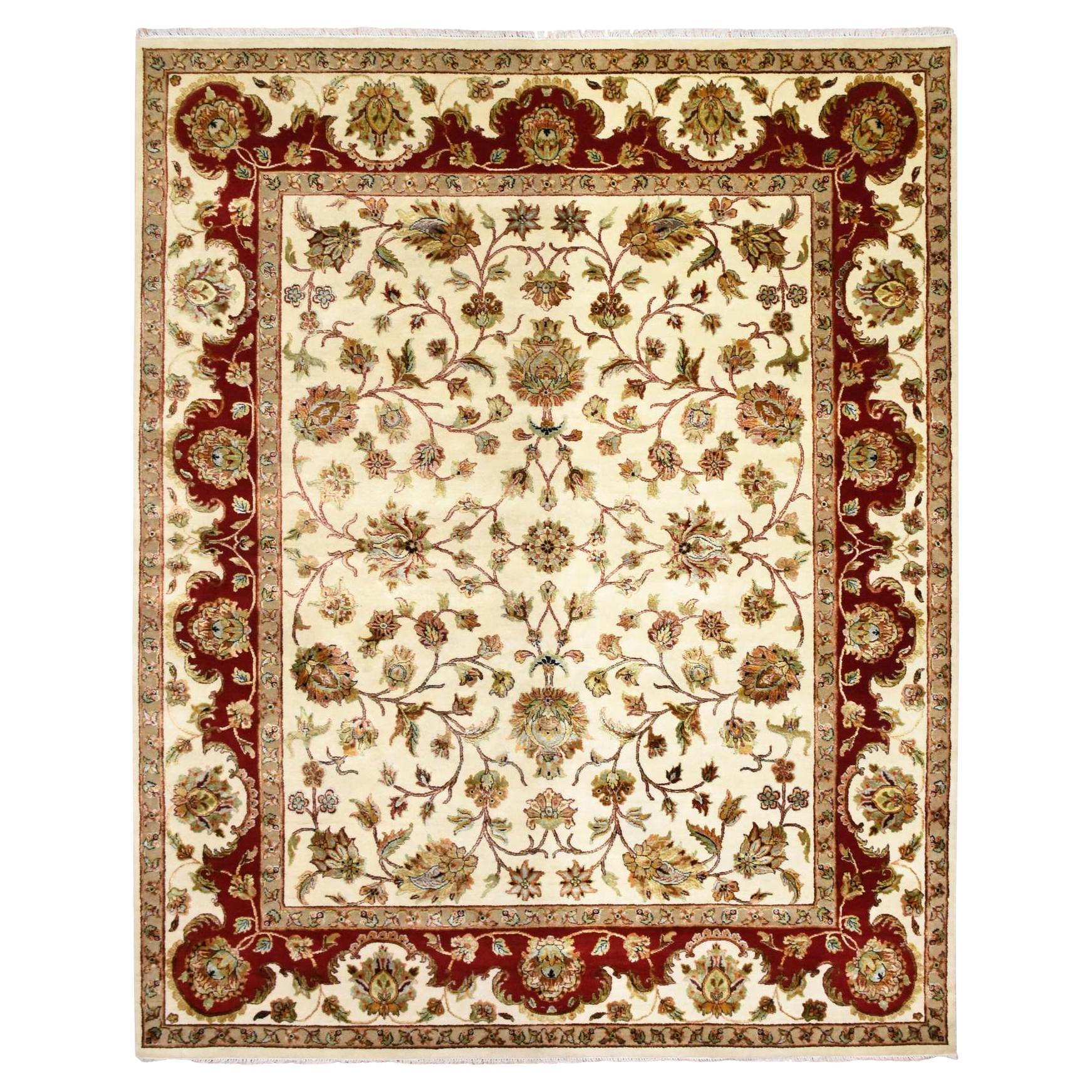 8'1"x10' Ivory, Rajasthan Design, Wool and Silk Hand Knotted Oriental Rug