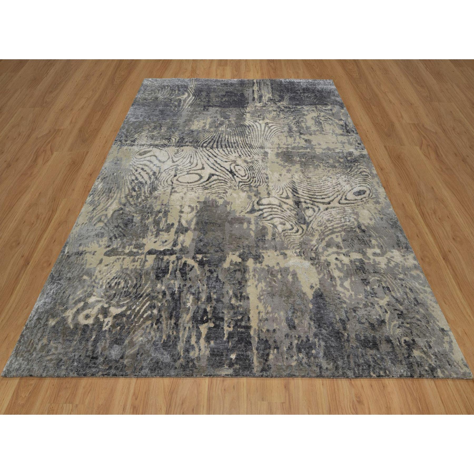 Oyster White with Gray, Tree Bark and Fossil Design, Hand Knotted, 100% Natural Undyed Wool, Oriental Rug
Primary materials: Wool
Latex: No Pile 
height: 0.25 Inches
Style: Contemporary
Primary color: Ivory
Secondary colors: Gray, Brown, Charcoal