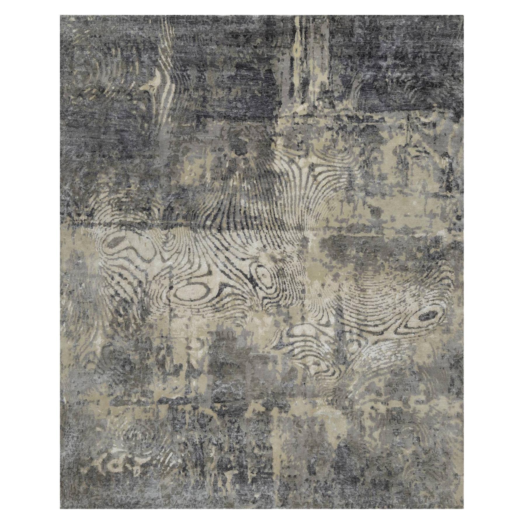 8
1"x10
 Ivory with Gray Tree Bark and Fossil Design Hand Knotted Pure Wool Rug For Sale