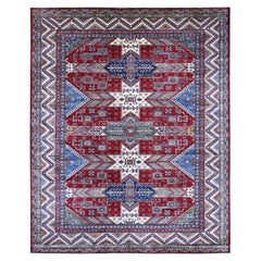 8'1"x10' Red Super Kazak with Geometric Design Hand Knotted Wool Oriental Rug