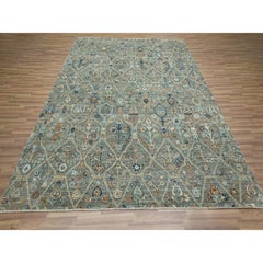 8'1"x10' Sage Green Trellis Borderless Garden Design Pure Wool Hand Knotted Rug