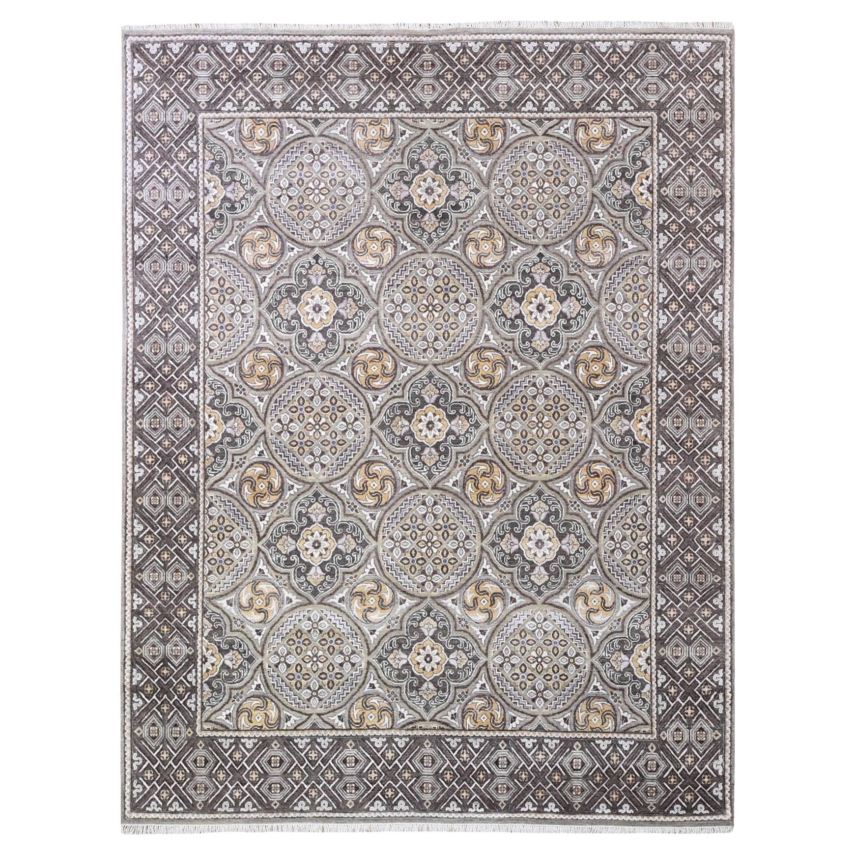 8'1"x10' Wool & Silk Mughal Inspired Medallions Design Hand Knotted Brown Rug