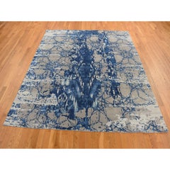 8'1"x10' Yale Blue, Wool and Silk Abstract Design Hand Knotted Rug