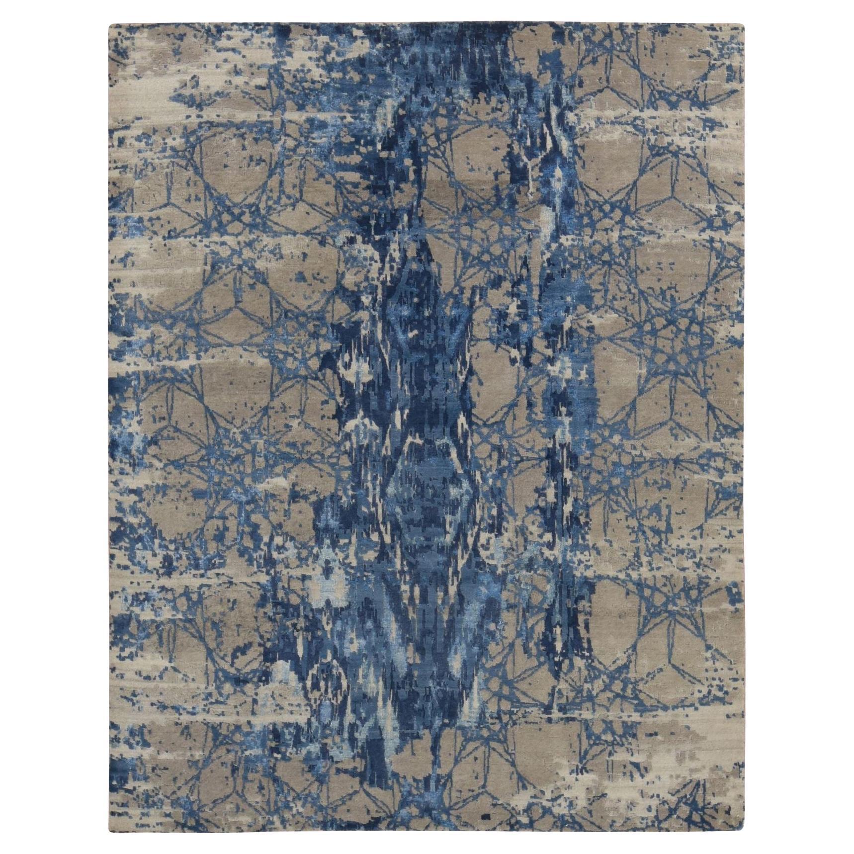 8'1"x10' Yale Blue, Wool and Silk Abstract Design Hand Knotted Rug
