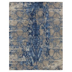 8'1"x10' Yale Blue, Wool and Silk Abstract Design Hand Knotted Rug