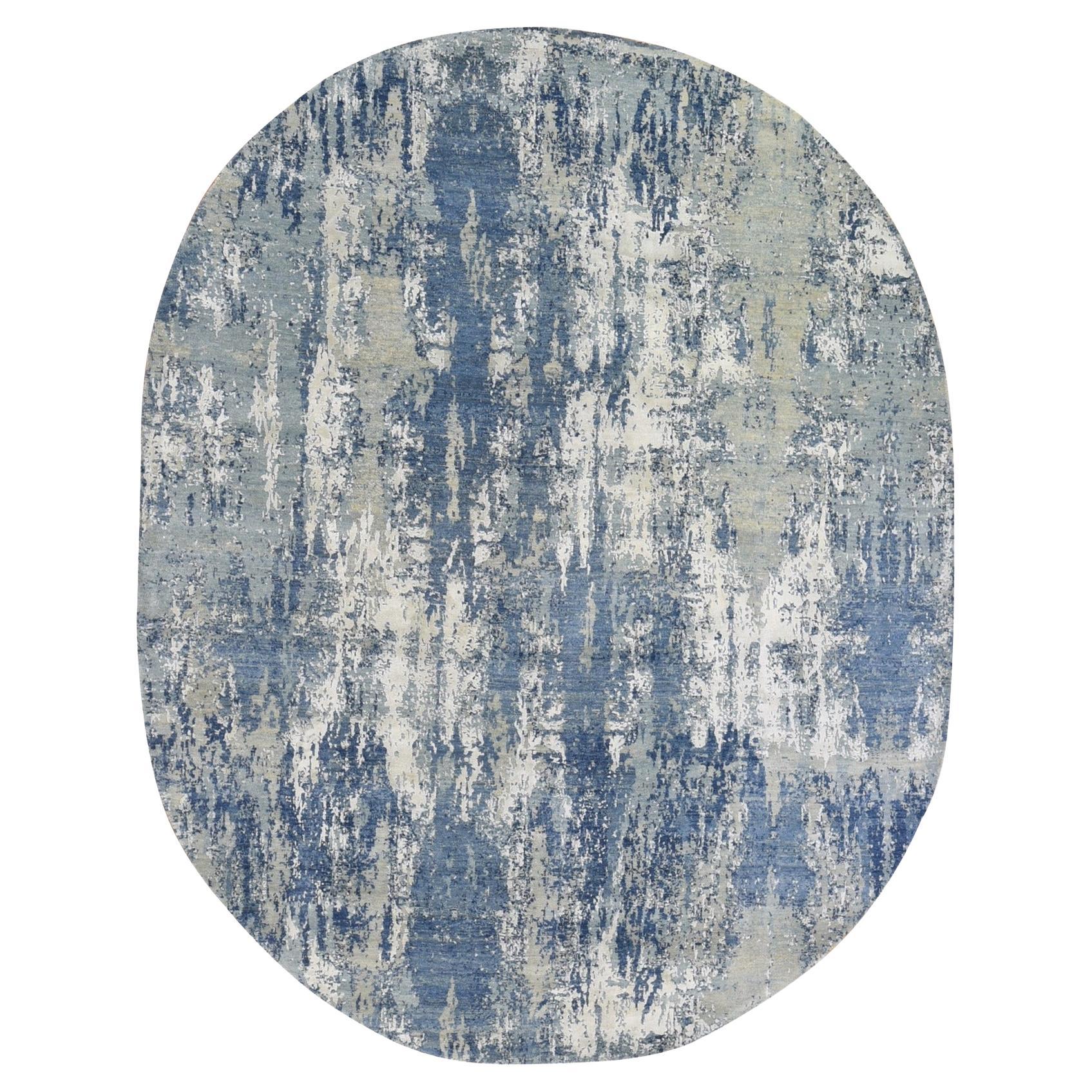 8'1"x10'1" Blue Abstract Design Wool and Real Silk Oval Hand Knotted Oriental Ru