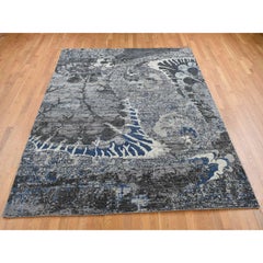 8'1"x10'1" Cloud Gray, Broken Flower Design, Pure Wool, Hand Knotted Rug