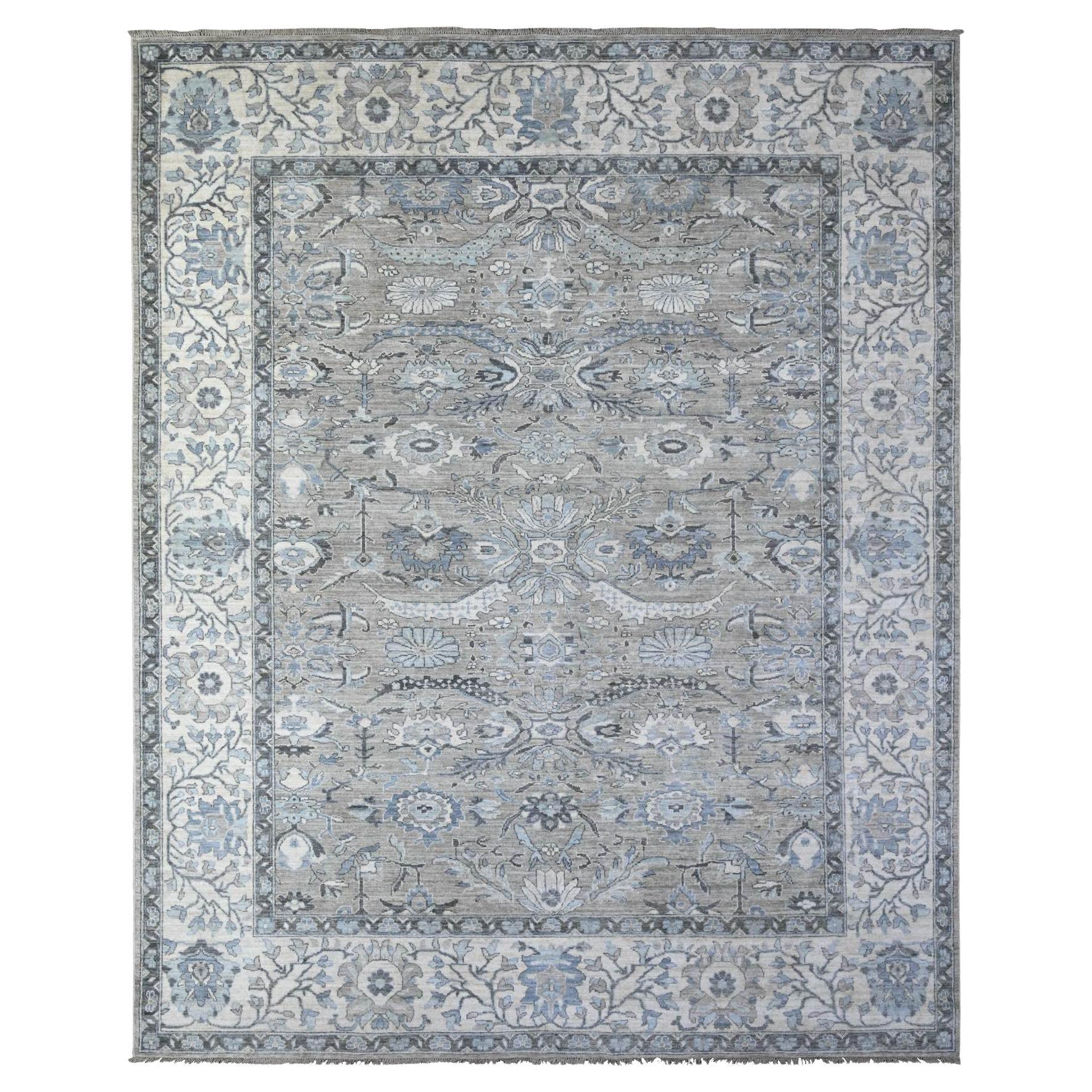 8'1"x10'1" Gray Sickle Leaf Design Hand Knotted Peshawar Heris Wool Oriental Rug