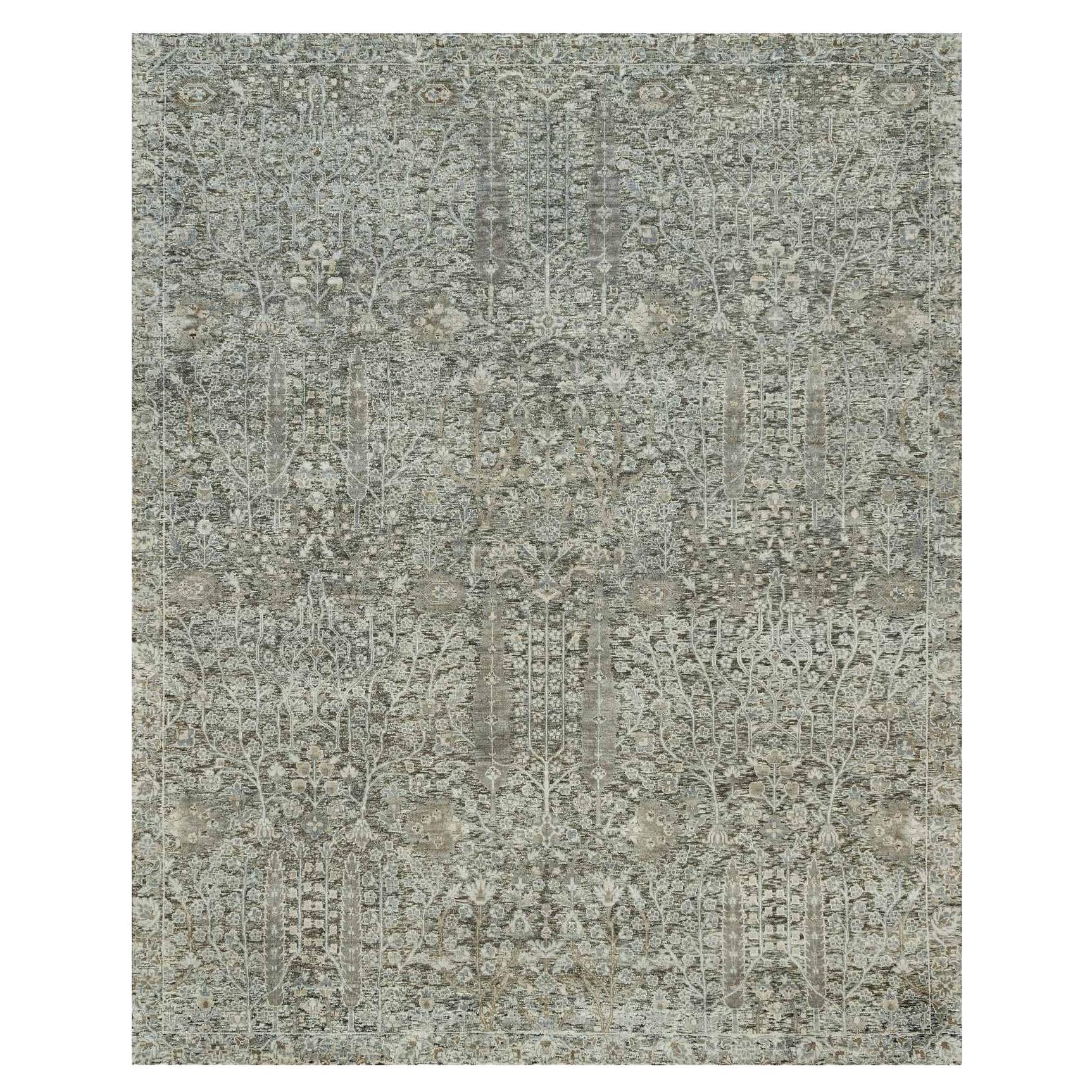 8'1 "x10'1" Gris Willow Cypress Tree Design Soie et laine Tapis noué à la main