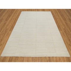 8'1"x10'1" Ivory Hand Knotted Modern Piled Flat Weave Pure Wool Textured Rug