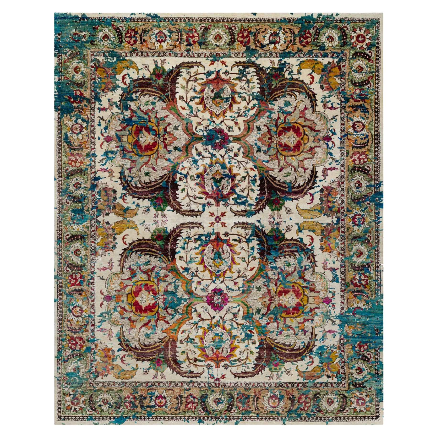 8'1 "x10'1" Seashell White Broken Persian Design Tappeto in lana e seta annodato a mano in vendita