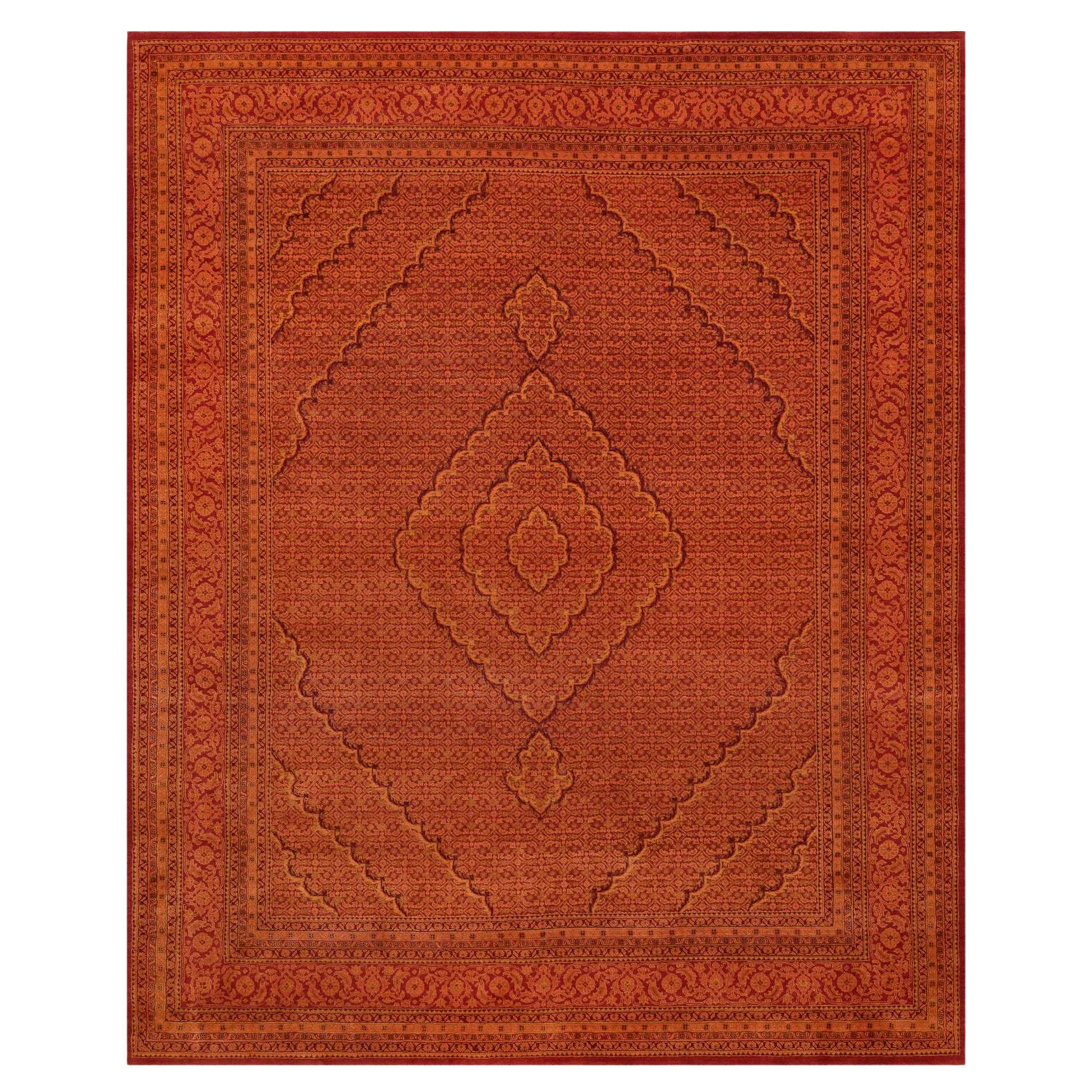 8'1 "x10'1" Tappeto orientale annodato a mano in lana e seta Tebraz Mahi color arancio piccante in vendita