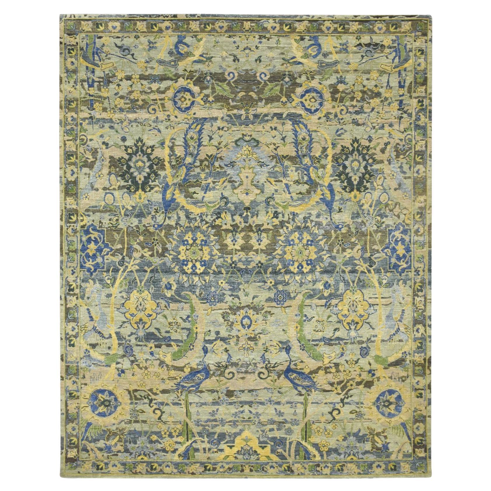 8'1"x10'2" Green Hand Knotted Broken and Erased Birds Design Wool Oriental Rug