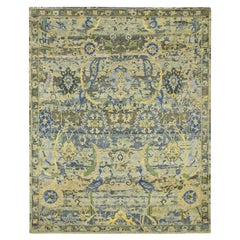 8'1"x10'2" Green Hand Knotted Broken and Erased Birds Design Wool Oriental Rug