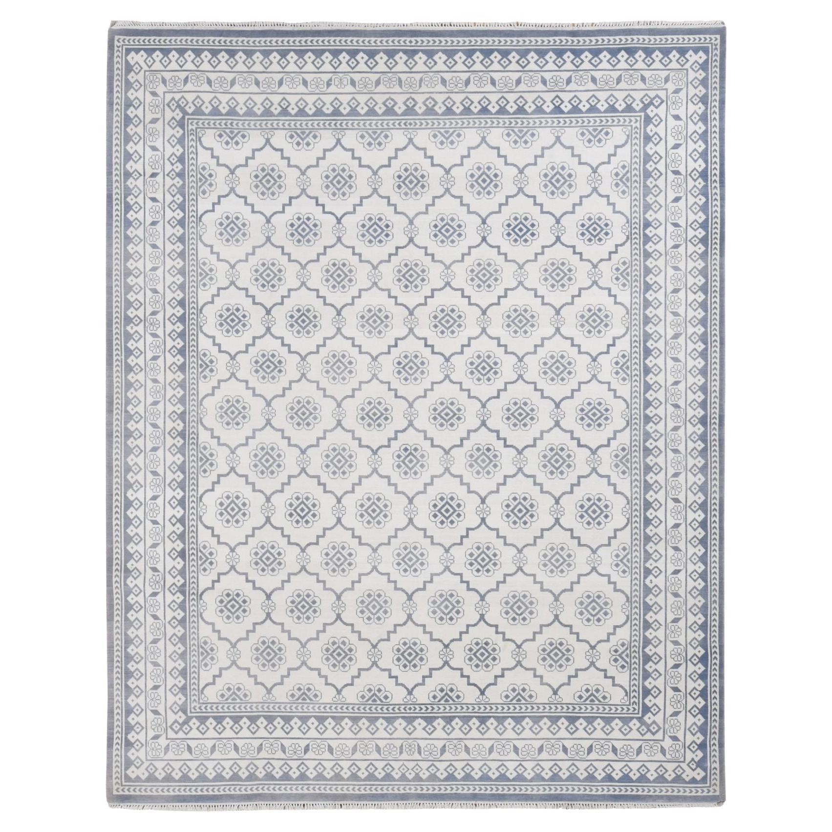 8'1 "x10'2" Elfenbein, Agra Mughal Dynasty Design, Baumwolle, Handgeknüpft, Orientteppich